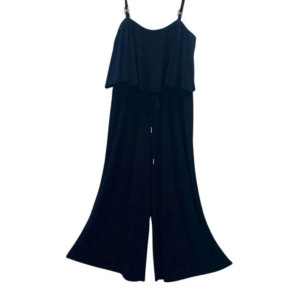 Tommy Hilfiger Drawstring Waist Ruffle Wide Leg Cropped Jumpsuit Black Small